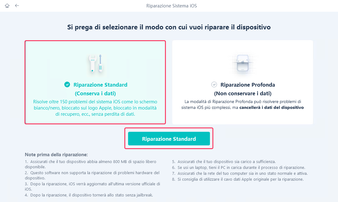 Schermata di UltFone iOS System Repair con le opzioni Riparazione Standard e Riparazione Profonda. 