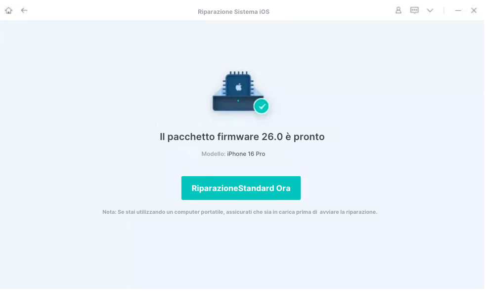 Schermata di UltFone iOS System Repair che mostra il pacchetto firmware 26.0 pronto. 