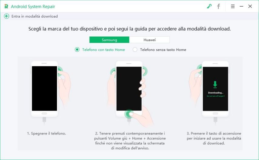 entrare in modalita download su samsung con il tasto home