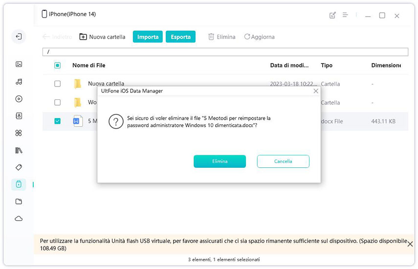 eliminare i file dall'unità USB virtuale