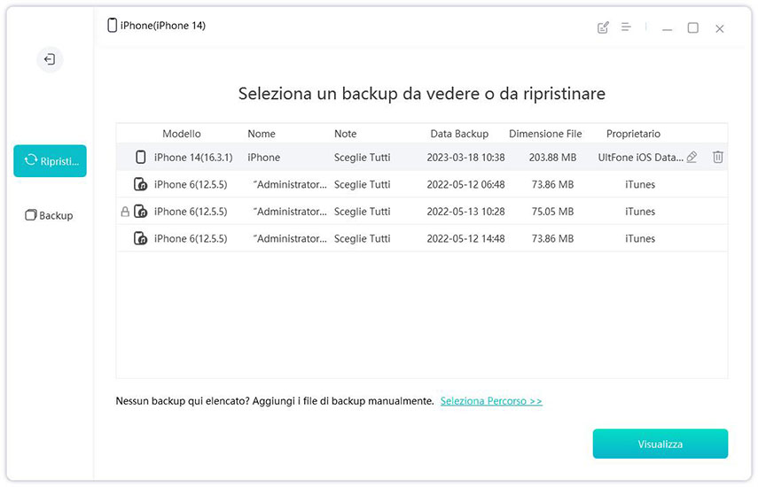 selezionare un backup da ripristinare