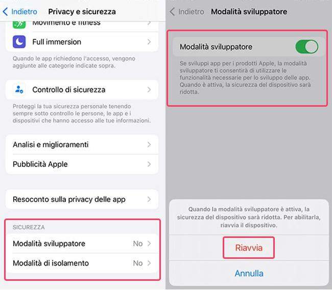 modalita sviluppatore ios passo 4
