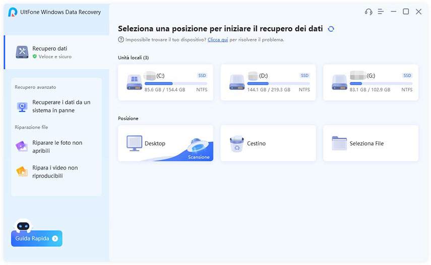 interfaccia principale di recupero dati di ultfone windows